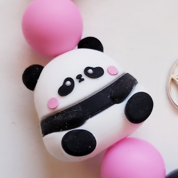 Handmade Pink White Silicone Focal Beaded Kawaii Panda Wristlet Keychain 🐼 - Picture 2 of 5